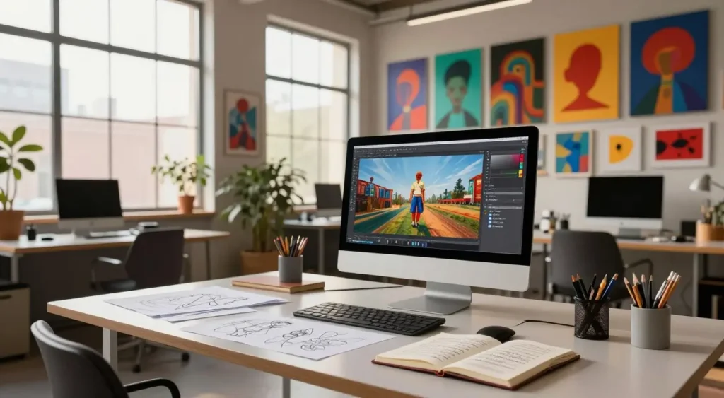 Uma impressionante obra de arte digital ultrarrealista que retrata um espaço de trabalho imaginativo