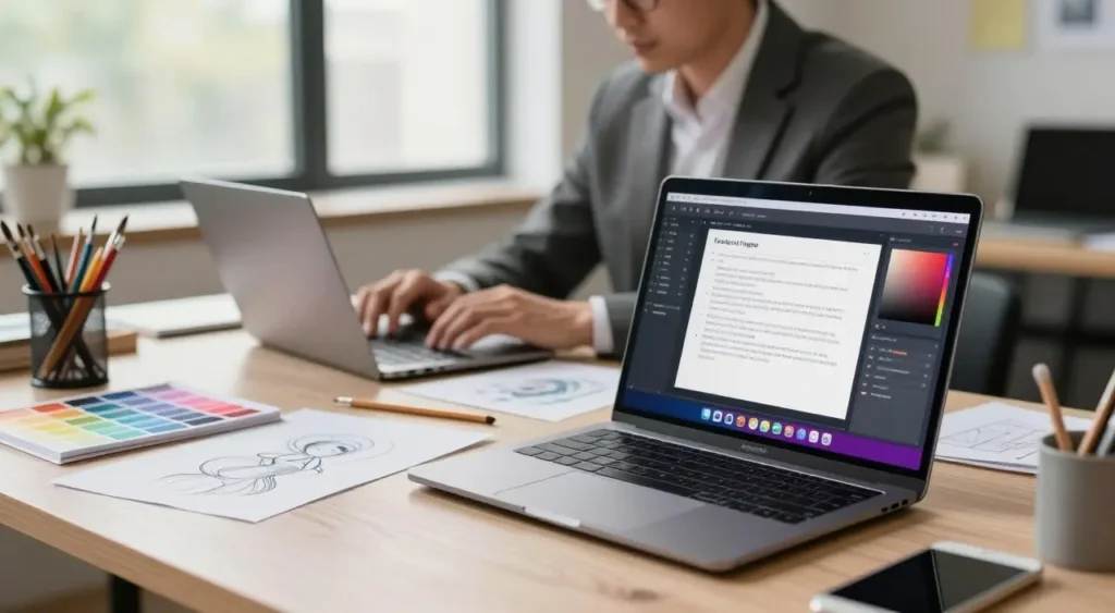 Um espaço de trabalho criativo repleto de ferramentas digitais e materiais de arte, exibindo uma mesa limpa e organizada.