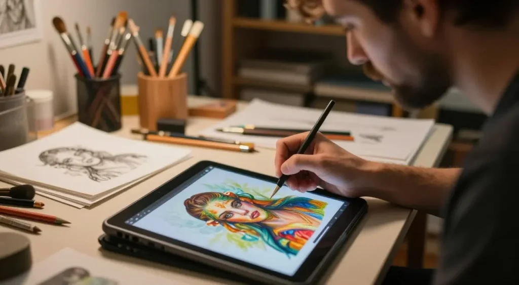 Um close-up de um artista profissional sentado à sua mesa, concentrado em criar uma obra de arte ultrarrealista usando uma mesa digitalizadora.