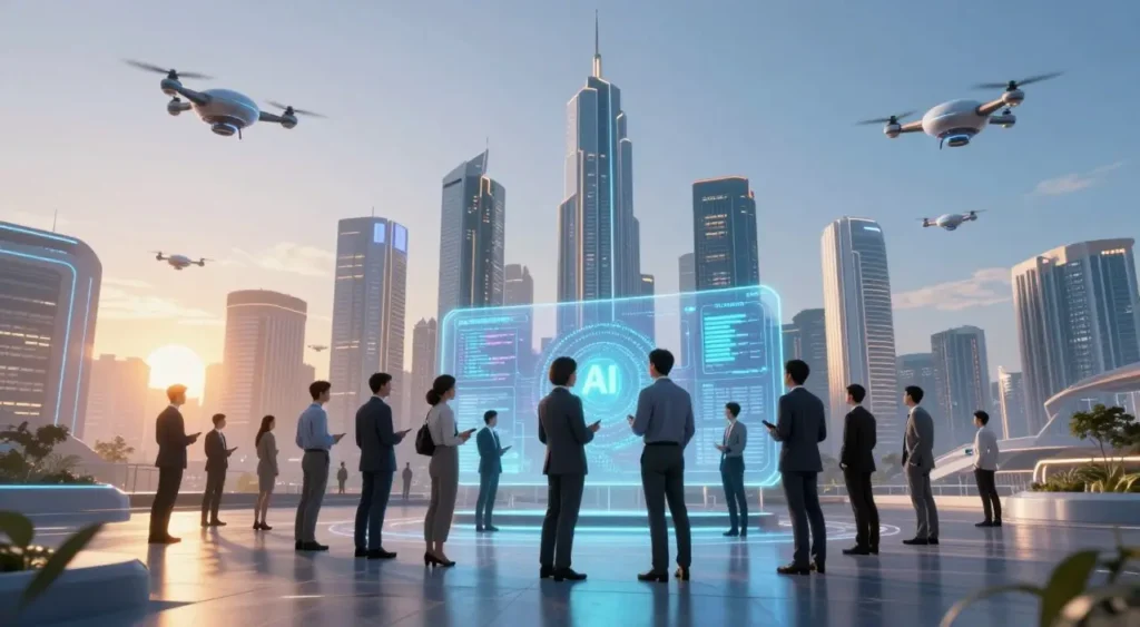 Uma paisagem urbana futurista representando a inteligência artificial avançada em 2026